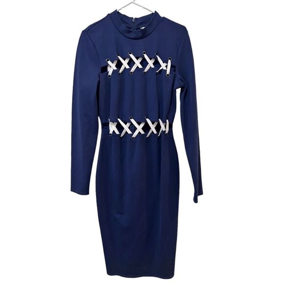 Guess Navy Blue Long Sleeve Pia Lace Up Midi Dress Size L Young and Restless - Picture 1 of 15